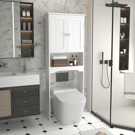 Over The Toilet Storage Cabinet, Bathroom Shelf Over Toilet, Bathroom Organizer and Storage Cabinet,Over Toilet Bathroom Organizer with 2 Doors, Paper Holder and Racks, Bathroom Decor (White-01)