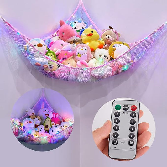 Basumee Stuffed Animals Net or Hammock with LED Light Hanging Toy Net Hammock for Stuffed Animals Storage Stuff Animals Hammocks for Nursery Room with Remote Control, 8 Kinds of Lights(Pack of 1)
