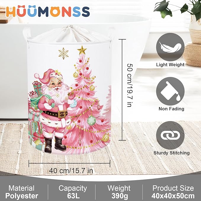 Pink Santa Claus Baby Laundry Hamper Christmas Clothes Kids Storage Basket Large Poinsettia Reindeer Sleigh Snowflake Girls Gift Toy Box Bin, Tree, 63L
