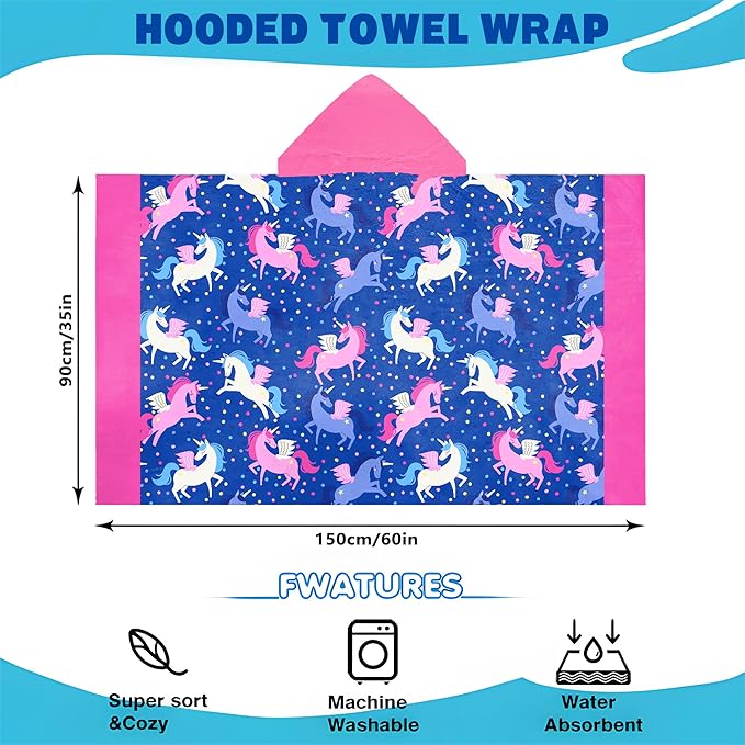 Hooded Towels for Kids -Toddler Beach Towel- Super Absorbent & Quick Dry 100% Cotton 35x60 Inch - to Kid Ages 3-12-Pink Unicorn Pattern Design