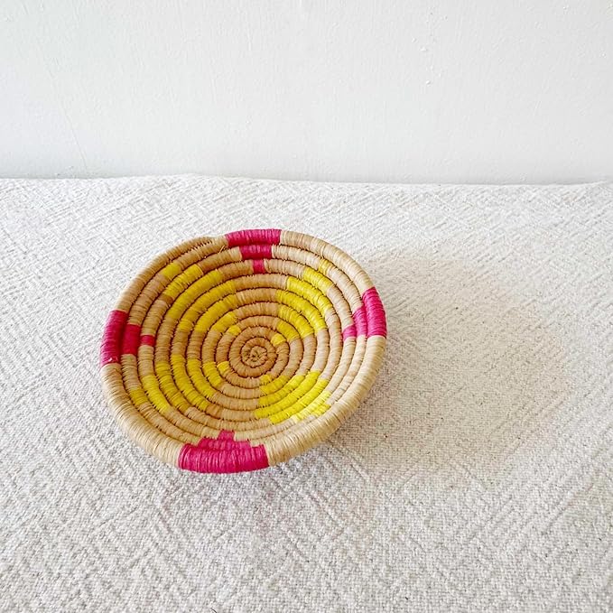 Mini African Basket- Abaye/Rwanda Basket/Raffia & Sweetgrass Woven Basket/Pink, Yellow