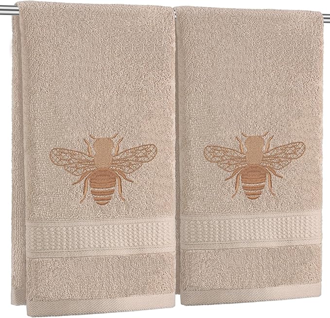 2 Pcs Bee Hand Towels Brown Bathroom Decor 14x29 Inch Embroidered 100% Cotton Soft Absorbent Spring Summer Decorative Hand Towels for Bathroom Kitchen