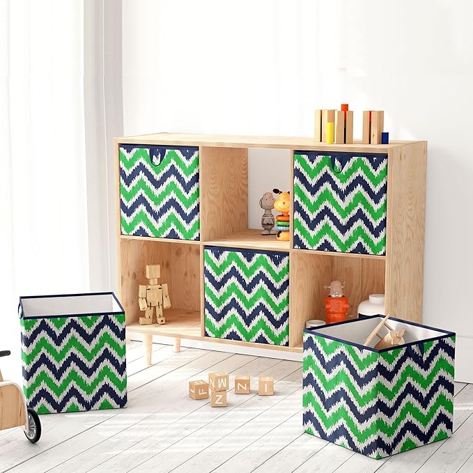 Bacati - Small Storage Tote Mix N Match Ikat Chevron/Dots Navy/Green 10 x 10 x 10 inches