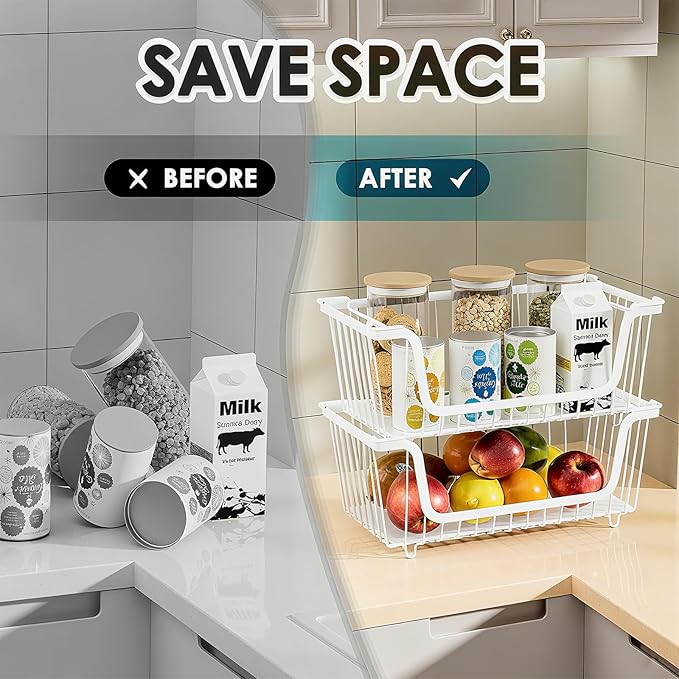 6 Pcs Stackable Wire Baskets for Pantry Organizers and Storage,Vegetable Fruit Basket for Countertop,Kitchen Storage Metal Baskets,Produce Potato Onion Storage Bin,White