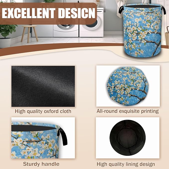 Laundry Hamper,Almond Blossom Collapsible Laundry Baskets Waterproof Oxford Cloth With Handles,Clothes Storage Bucket Toy Organizer For Bathroom/Nursery/Bedroom 16" x 20.8"