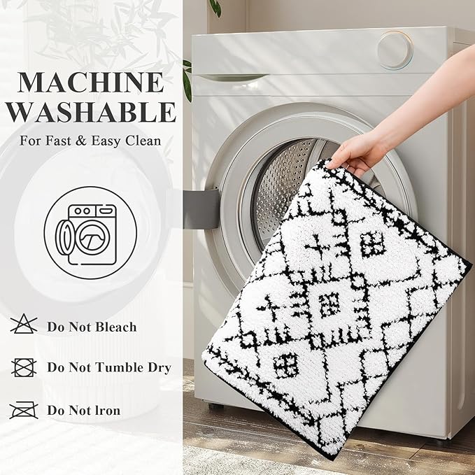 HEBE Bathroom Rug Sets 5 Piece, Soft Absorbent Bath Mats for Bathroom, Non Slip Machine Washable Bath Rugs Set with U Shaped Contour Toilet Rugs, Bath Runner and Toilet Lid Cover, White/Black