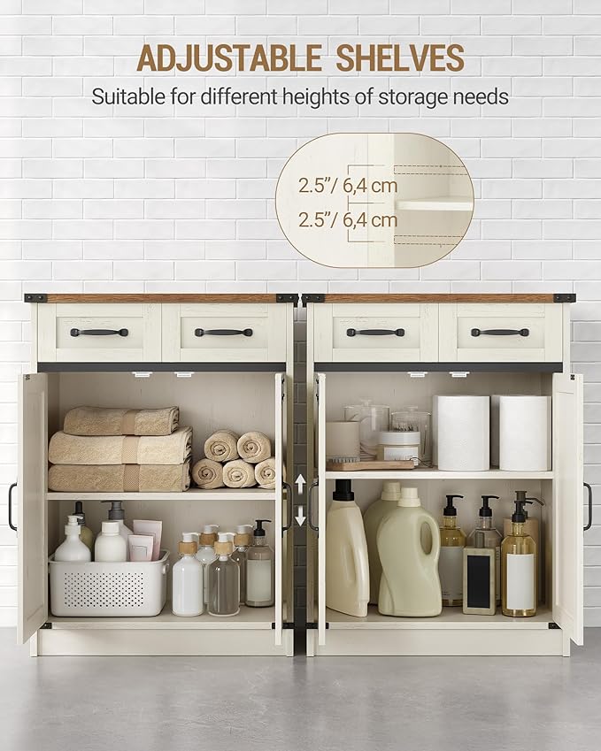 Bathroom Storage Cabinet, Freestanding Bathroom Floor Cabinet with Drawers & Doors, Farmhouse Buffet Cabinets with Adjustable Shelf, for Kitchen, Living Room, Entryway, White Brown SC62414X