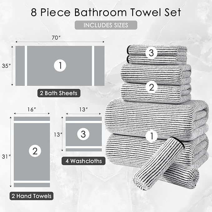 8-Piece Premium Towel Set for Bathroom|2 Oversized Large Bath Sheet 35”x70”,2 Hand Towels,4 Washcloths|Soft Cozy Absorbent Fast Dry Polyester Shower Towel Set for Hotel Bathroom Essentials,Black White