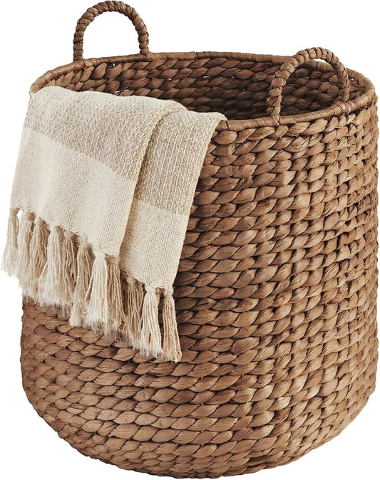 Best Choice Products Round Storage Basket w/Handles, Handwoven Water Hyacinth, Plant Holder, Storage Organizer Tote Bin for Bedroom, Living Room, Bathroom - Chestnut