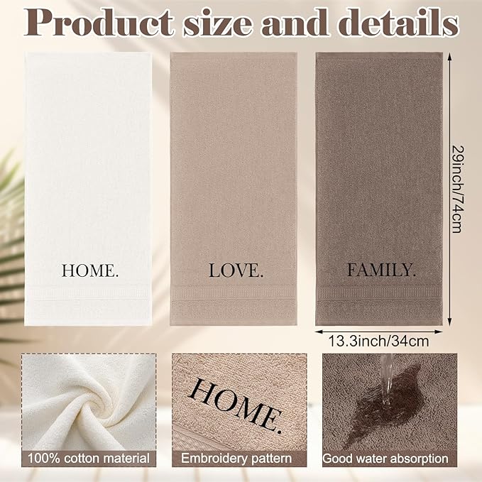 3 Pcs Home Love Family Hand Towels Farmhouse Decorative Embroidered Bathroom Hand Towels Rustic 100% Cotton Brown Hand Towels Set for Boho Bathroom Kitchen Decor