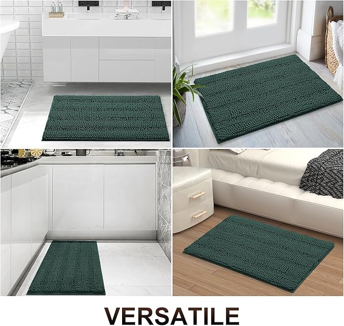Grandaily Chenille Striped Bathroom Rugs 30x20, Extra Thick and Absorbent Bath Mats, Non-Slip Soft Plush Shaggy Shower Carpet, Machine Wash Dry, Bath Rug for Bathroom, (Medium, Blackish Green)