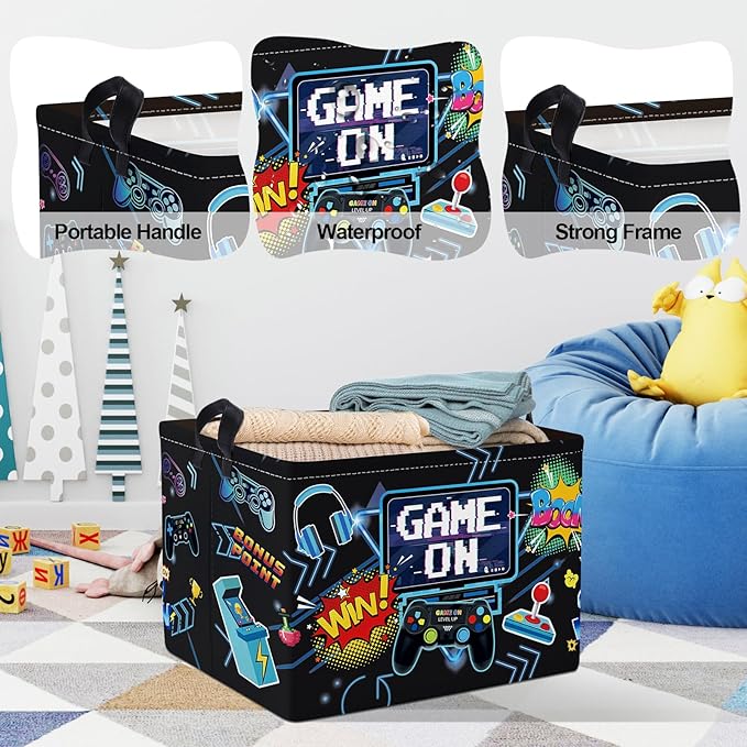 Clastyle Cool Game Storage Basket Kid Game Controller Clothes Laundry Hamper Collapsible Boy Toy Box for Nursery Palyroom,Black,40 * 30 * 30 cm