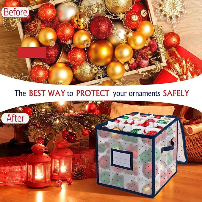BINSUNS Christmas Ornament Storage Box, Christmas Storage Containers Organizer Bag with Dividers - Fits up to 64 Holiday Xmas Ornaments Decorations 3" Seasons Balls(Blue)