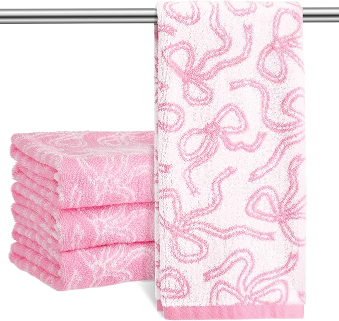 4 Pcs Coquette Pink Bow Hand Towels 13 x 29'' Soft 100% Cotton Absorbent Decorative Towels for Bathroom Kitchen Spring Easter Decor Galentine's Day Gifts