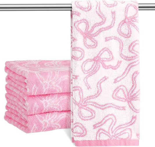 4 Pcs Coquette Pink Bow Hand Towels 13 x 29'' Soft 100% Cotton Absorbent Decorative Towels for Bathroom Kitchen Spring Easter Decor Galentine's Day Gifts