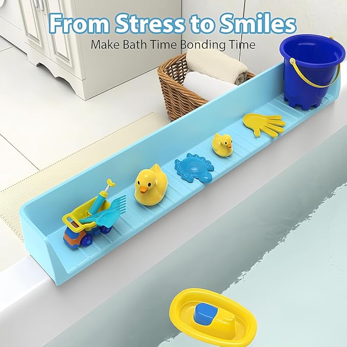 31 Inch Longer Kids Bathtub Water Splash Guard, Flexible Silicone Bath Toy Tray Holder with Strong Suction Cups, No Leak, Bathroom Essentials Shelf for Toddlers Baby Kids (Blue)