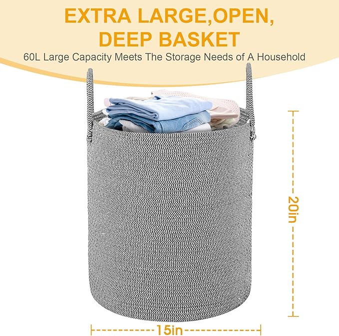 Large Woven Laundry Basket Hamper,60L Cotton Rope Storage Baskets for Blankets in living room,Decor Tall Laundry Bin for Toys Storage,Clothes Basket,Baby Basket,White and Blue