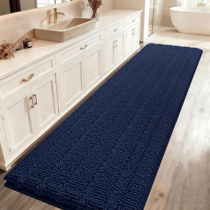 ACCUMTEK Extra Long Striped Navy Blue Bathroom Rug Mat 70"x24" Ultra Soft, Non Slip Chenille Bath Rugs, Absorbent Plush Shaggy Bath Mats for Bathroom, Bedroom, Kitchen, Shower, Tub