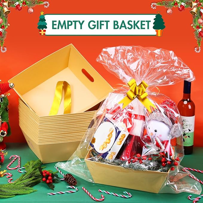 AFOROEOA 20PACK Baskets for Gifts Empty, 10x12”Thick Kraft Gift Basket with 20 Bows 20 Bags Empty Gift Baskets for Christmas, Valentine’s Day, Easter, Birthdays, Snacks, Farmers Market