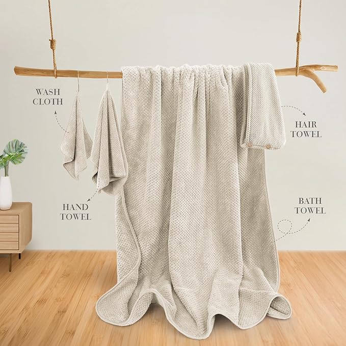 35X70 Inches Extra Large Bath Towels Sets of 4 for Bathroom Super Soft Quick Dry Bath Towels Hand Towels Washcloth Towels Microfiber Shower Towels for Women Daily Use (Khaki, 4 Piece)