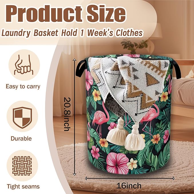 Tropical Palm Laundry Basket,Flamingo Watercolor Laundry Hamper Waterproof Oxford Cloth Tote Collapsible,Clothes Storage Bucket Decorative Toy Organizer For Bathroom Bedroom 16" x 20.8"