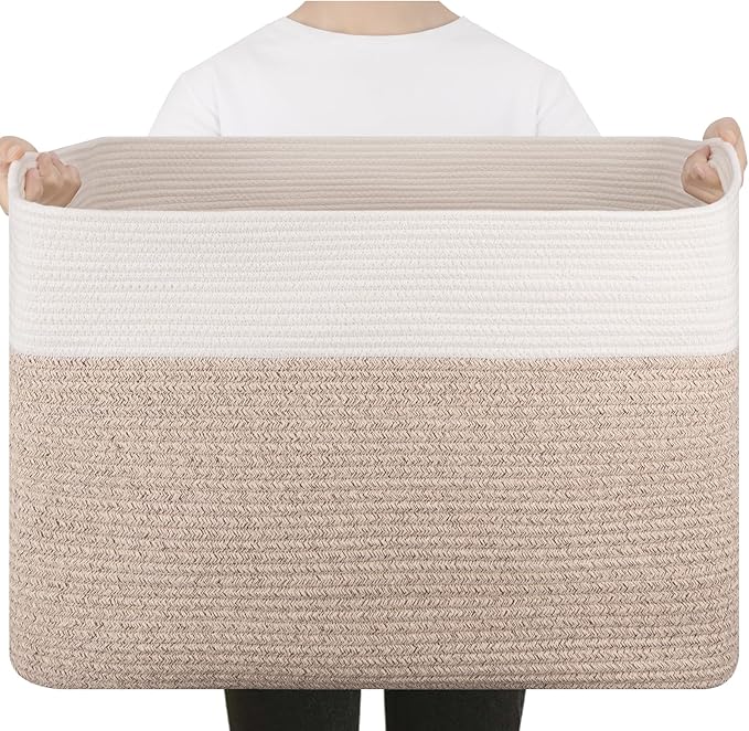 Extra Large Blanket Basket, Toy Basket Bin for Kids, Cotton Rope Woven Storage Basket for Living Room, Nursery, Baby Room Decorative Organizer, 24''×16''×15'', Brown & White