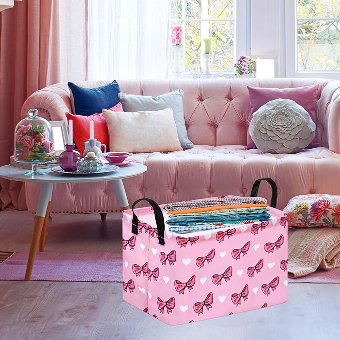 Rectangle Pink Bowknot Gift Storage Basket Home Shelf Storage Basket Organizer Box Clothes Laundry Hamper Nursery Basket Laundry Basket with Handles