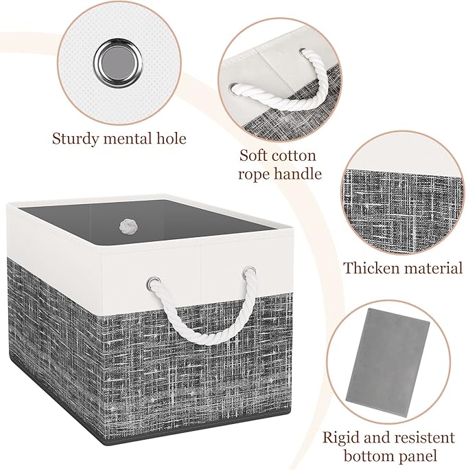 Storage Bin,Collapsible Storage Basket For Organizing,Large Storage Boxes With Rope Handles,Storage Containers,White & Black,3 Pack