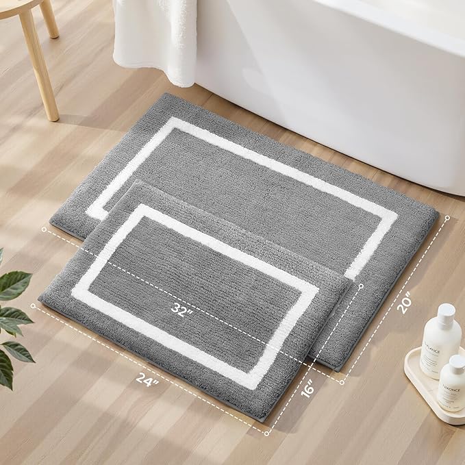 HOMEIDEAS Bathroom Rugs Sets 2 Piece, Super Soft and Absorbent Microfiber Tufted Bath Mats, Non-Slip and Machine Washable Bath Rugs(Light Grey)