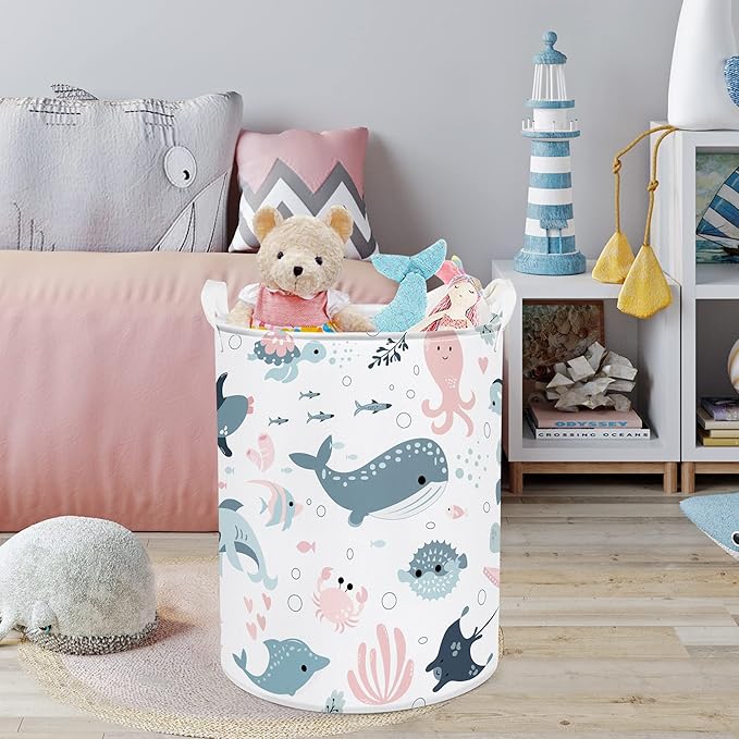 Clastyle Marine Animals Bubbles Kid Laundry Basket with Lid Foldable Sea Shark Dirty Clothes Hamper Round Toy Clothes Pool Beach Towel Basket, Pink Mermaid, 36 * 45 cm