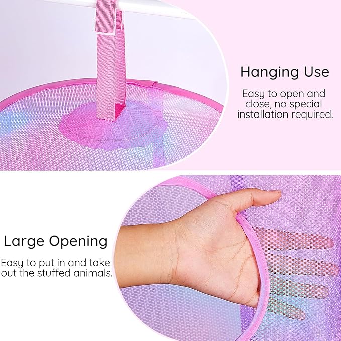 Basumee Stuffed Animals Net or Hammock 2 Pcs Stuffed Animals Storage Toy Net Hammock for Plushies Storage Organizer Mesh Kids Girls Room Decor, Pink, 3 Tiers