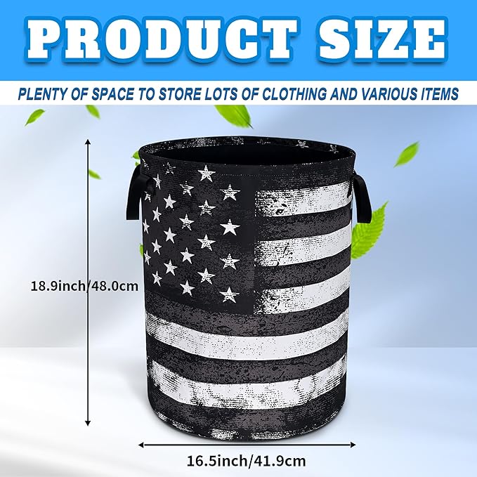 Black White American Flag Laundry Basket Vintage Usa Flag Oxford Cloth Laundry Hamper With Handle Foldable Portable Clothes Storage Basket 18.9 X 16.5 In Storage Bag For Laundry Room/Bathroom/Bedroom