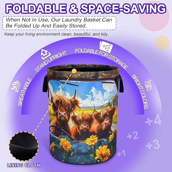 Highland Cow Laundry Basket Oxford Cloth Funny Cows Laundry Hamper With Handle Foldable Portable Clothes Storage Basket 18.9 X 16.5 In Storage Bag For Laundry Room/Bathroom/Bedroom/Dormitories