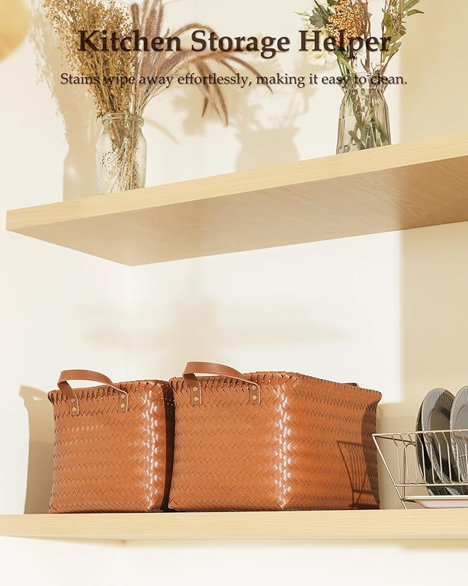 15x10x9 Woven Laundry Basket Hamper, Storage Basket for Clothes Blankets, 4-Pack Wicker Bin for Closet Shelves Bedroom Bathroom, Brown