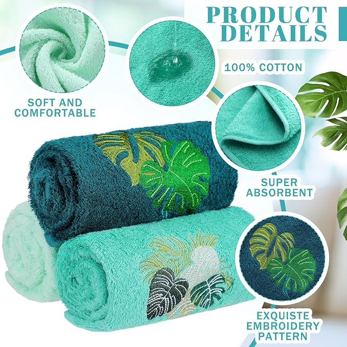 3 Pack Tropical Palm Leaves Hand Towels for Bathroom 100% Cotton Embroidered Bathroom Towels 13.78 x 29.53 Inch Beach Hand Towels Absorbent Soft Cotton Towel(Green,Monstera Leaves)