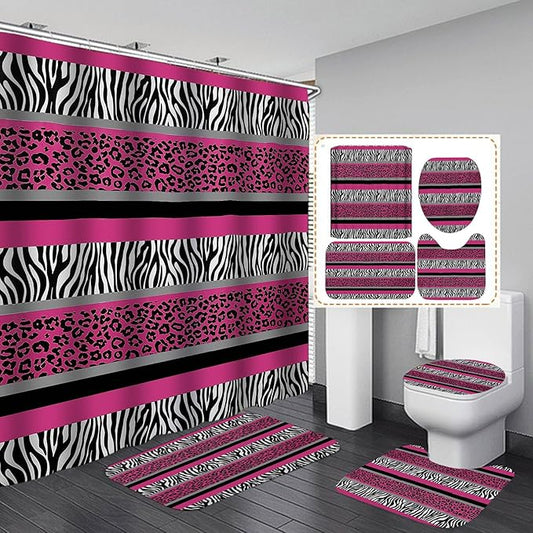 4PCS/Set Hot Pink Leopard Print Shower Curtain, Black and White Zebra Print Wildlife Safari Animal Skin Stripe Fashion Women Girly Bathroom Decor, Non-slip Bath Mat Toilet Rug, Cheetah & Zebra