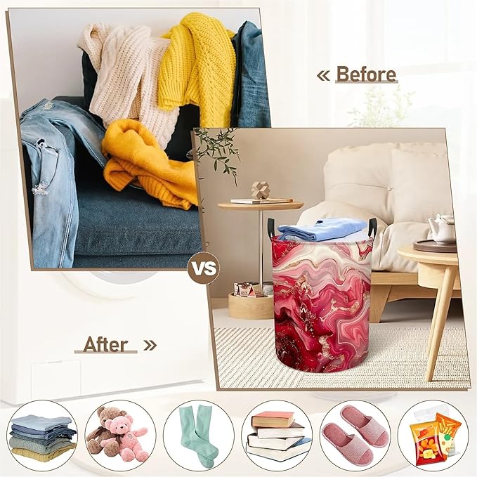 Pink Marble Print Laundry Hamper for Women Girls, Large Canvas Collapsible Organizer Storage Basket for Nursery,Office,Toy Organizer,Home,Decor - 19.7" X 15.7 "