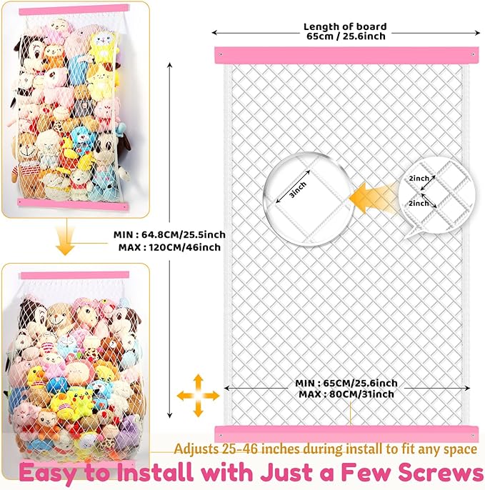 Stuffed Animal Storage Net, Elastic Stuffed Toy Holder,Door/ Wall Mount Length Adjustable Hanging Stuffy Animal Organizer, Plushie Net For Nursery Play Room-Pink Boards