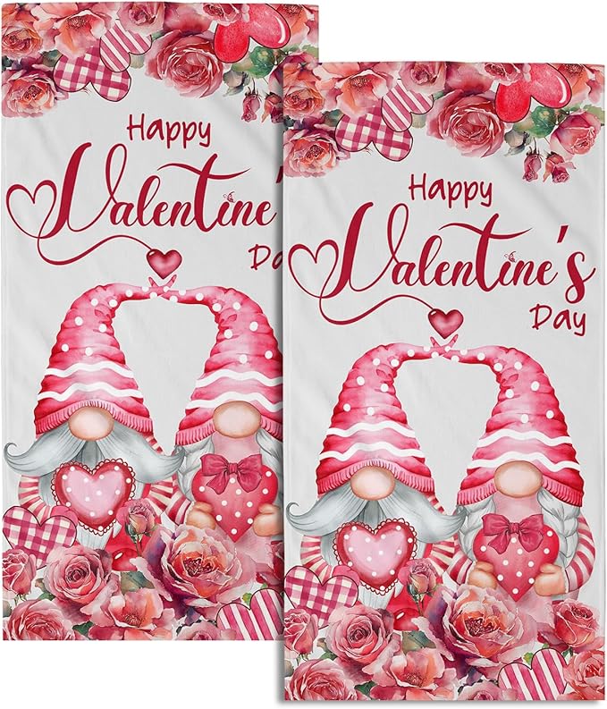 Happy Valentine's Day Hand Bath Towel Set of 2 Soft Absorbent Pink Red Love Heart Flowers Dishtowel Romantic Gnome Bouquet Tea Towels Cooking Wash Cloth for Kitchen Bar Beach Gym Spa Decor 14x28 Inch