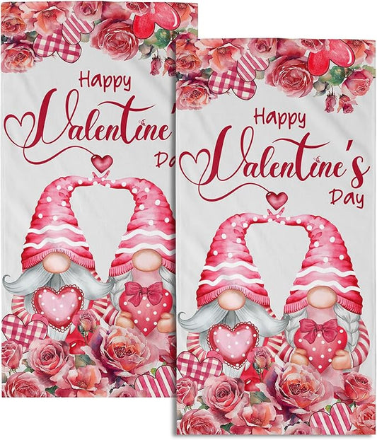 Happy Valentine's Day Hand Bath Towel Set of 2 Soft Absorbent Pink Red Love Heart Flowers Dishtowel Romantic Gnome Bouquet Tea Towels Cooking Wash Cloth for Kitchen Bar Beach Gym Spa Decor 14x28 Inch