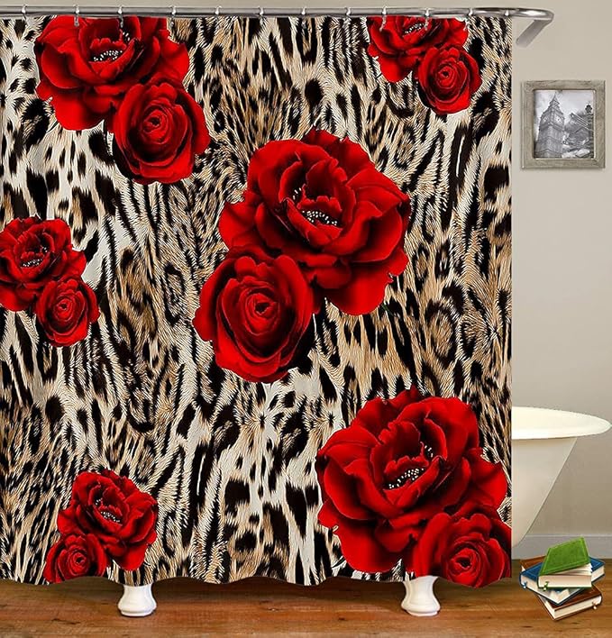 4PCS/Set Brown Leopard Print Shower Curtain, Romantic Red Rose Panthera Cheetah Safari Wildlife Wild Animal Skin Pattern Women Bathroom Decor, Non-Slip Bath Rugs Toilet Mats, Blooming Floral