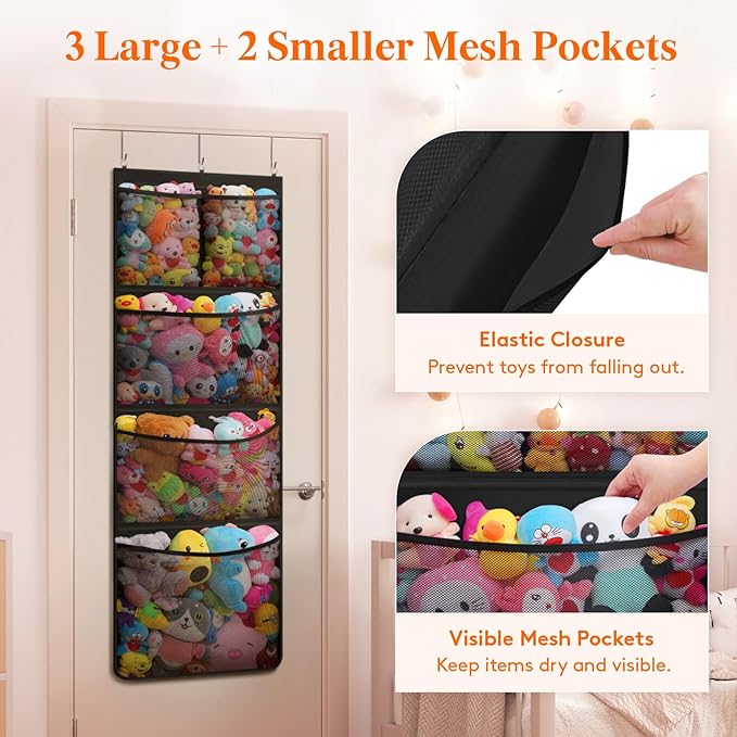 Lifewit Stuffed Animal Storage, Over the Door Organizer with 5 Expandable Mesh Pockets, Breathable Oxford Fabric Hanging Kid Baby Plush Toy Holder for Nursery, 167 cm (65.8'') High, Black, 1 Pack