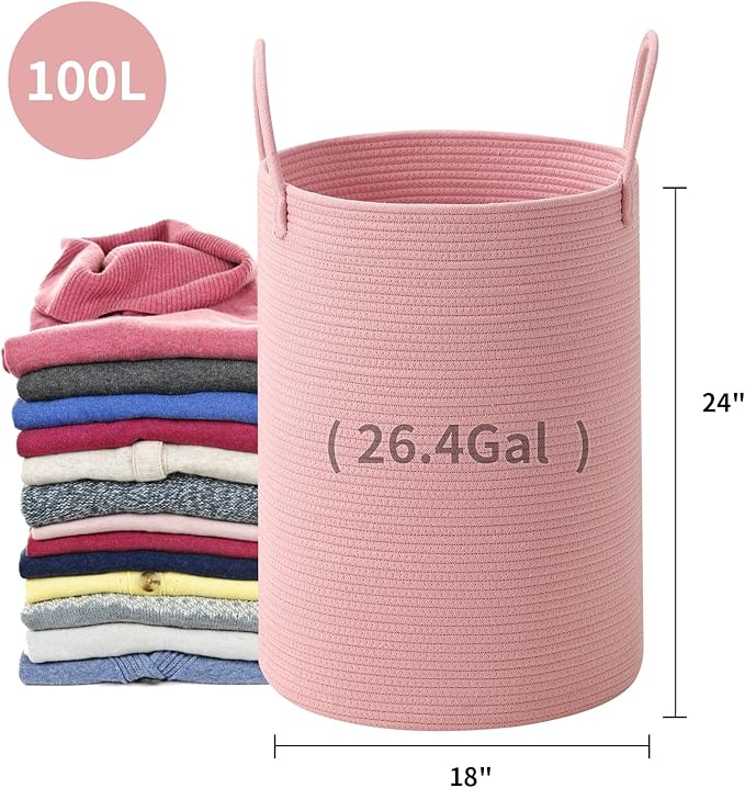Woven Laundry Hamper Tall Rope Storage Basket for Blanket toys Dirty Clothes in Living Room Bathroom Bedroom (Pink, 100L/26.4Gal)