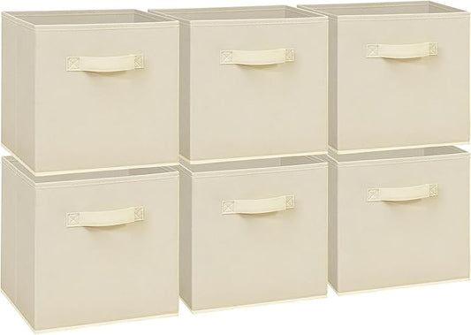 Easi 11 inch Cube Storage Bins, 6 Storage Cube Organizer, Collapsible Fabric storage cubes with Handles, Closet Storage Basket For Organization, Shelf Basket For Shelves Clothes Books, Beige