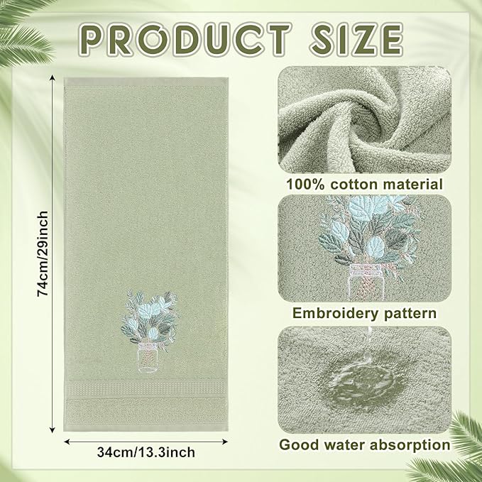 2 Pcs Eucalyptus Hand Towels Gray Green Bathroom Decor 14x29 Inch Embroidered 100% Cotton Soft Absorbent Spring Summer Decorative Hand Towels for Bathroom Kitchen