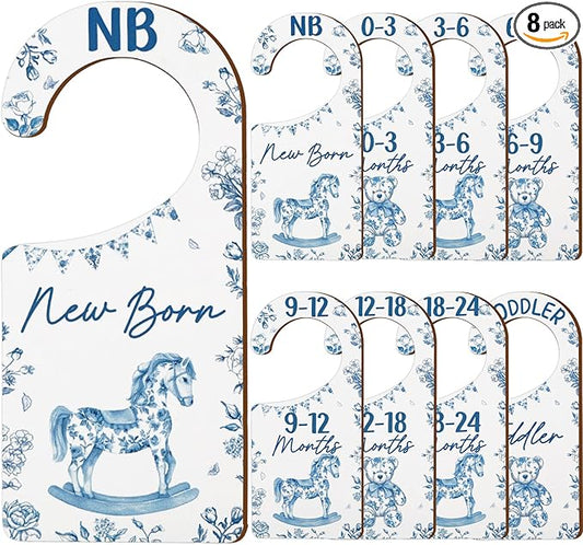 Baby Closet Dividers 8PCS, Blue Toile Themed Wooden Double-Sided Clothes Size Hanger/Organizer from Newborn to Toddler for Nursery Decor Baby Shower Birthday Gender Reveal Party Gift