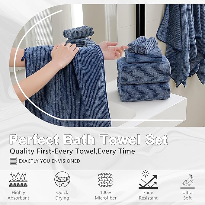 8-Piece Premium Towel Set for Bathroom|2 Oversized Large Bath Sheet,2 Hand Towels,4 Washcloths|Soft Cozy Highly Absorbent Fast Dry Microfiber Shower Towel Set for Hotel Bathroom Essentials,Navy Blue