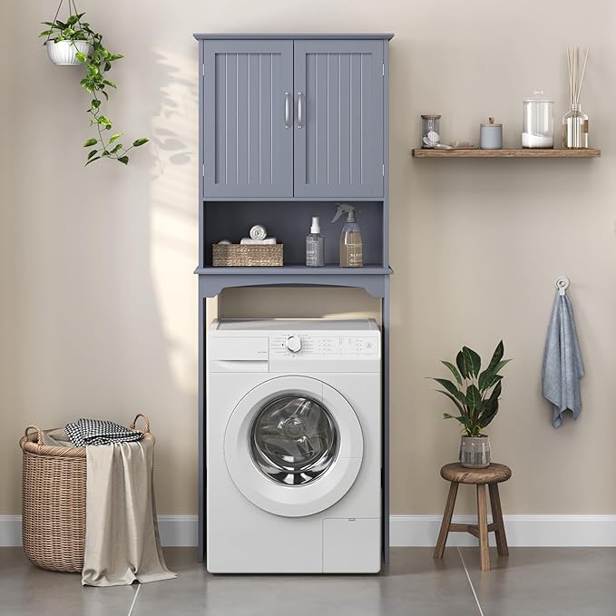 Topeakmart Over The Toilet Storage, Bathroom Storage Organizer with 2 Doors and Adjustable Shelf, L24.5xW9xH66 Inches, Gray