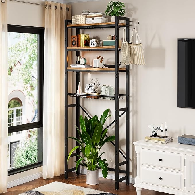 Over-The-Toilet Storage Rack, 4 Tier Bathroom Shelf Organizer Over Toilet with Adjustable Shelves, Basket, Hooks, Paper Holder, Quick Interlock Install & Water-Resistant Shelves (Vintage Brown)