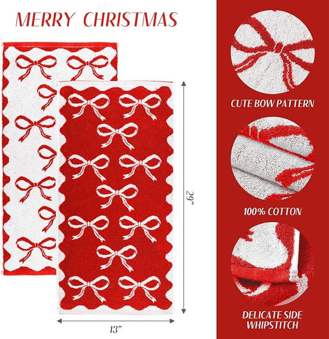 4 Pcs Christmas Bow Hand Towels for Bathroom 13 x 29'' Soft 100% Cotton Red Christmas Face Towel Kitchen Decor Absorbent Preppy Bathroom Decor Bridal Shower Wedding Gift